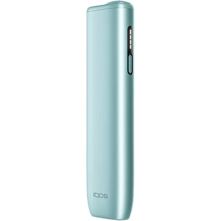 Slim mint-green IQOS heat-not-burn tobacco device shown from the side, standing upright.