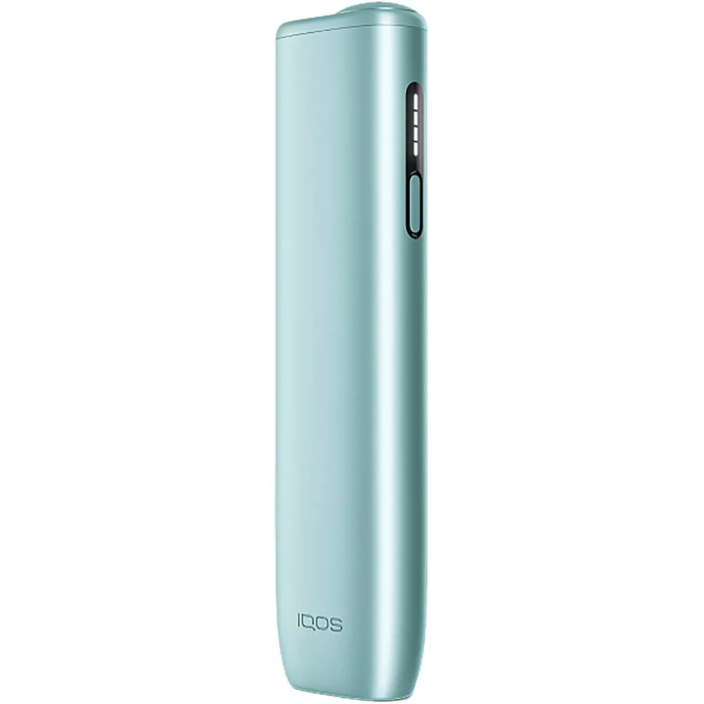 iqos-iluma-i-one-breeze-blue-4 - modernsigara.com Slim mint-green IQOS heat-not-burn tobacco device shown from the side, standing upright.