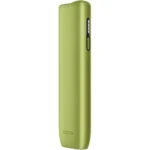 Green slim IQOS-style vape device with a vertical control panel on the side, standing upright.