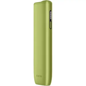 Green slim IQOS-style vape device with a vertical control panel on the side, standing upright.