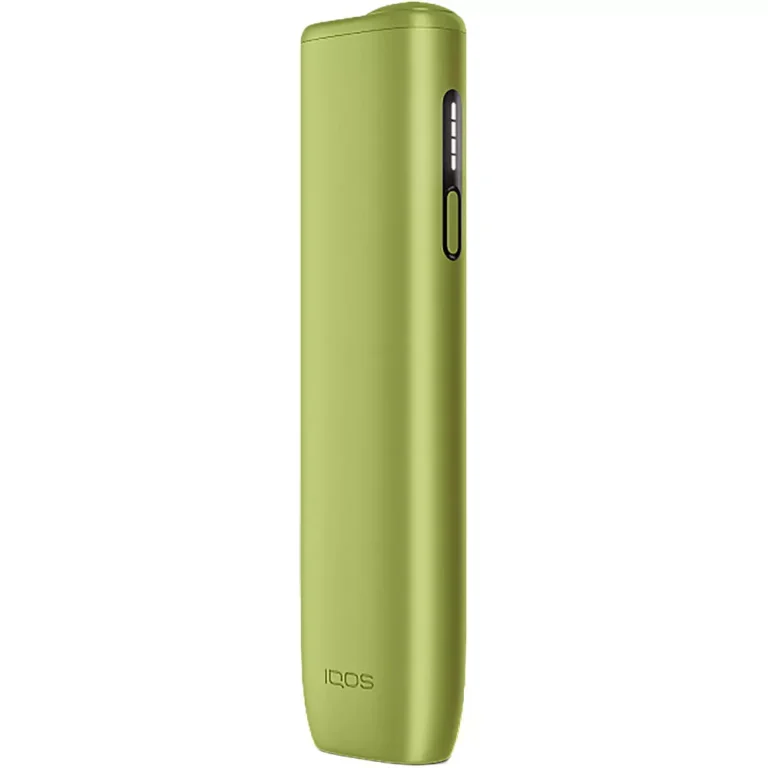 Green slim IQOS-style vape device with a vertical control panel on the side, standing upright.
